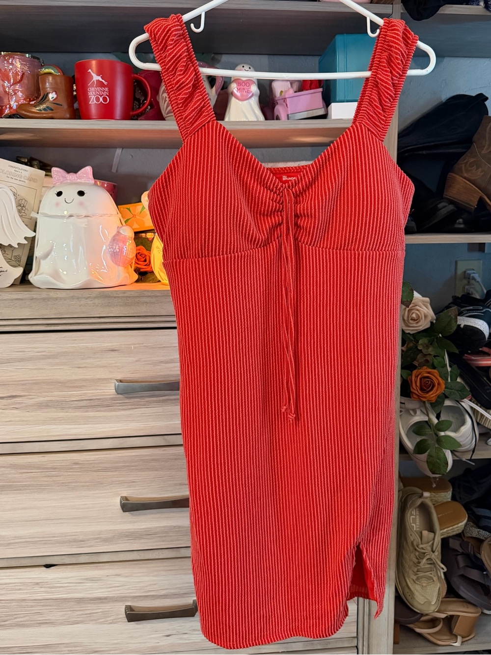 No Boundaries Red Ribbed Midi Dress with Front Tie- Large
